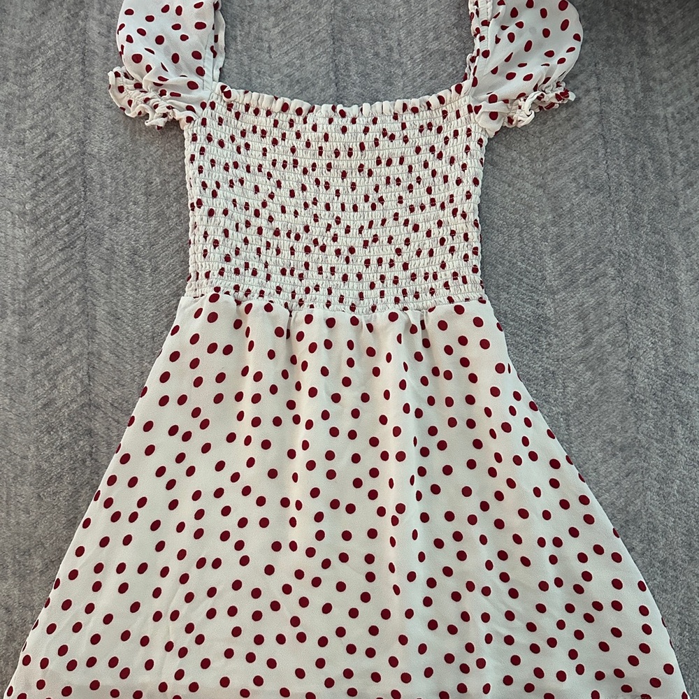 Women’s Reformation White Off-The-Shoulder Dress with Red Poka Dots